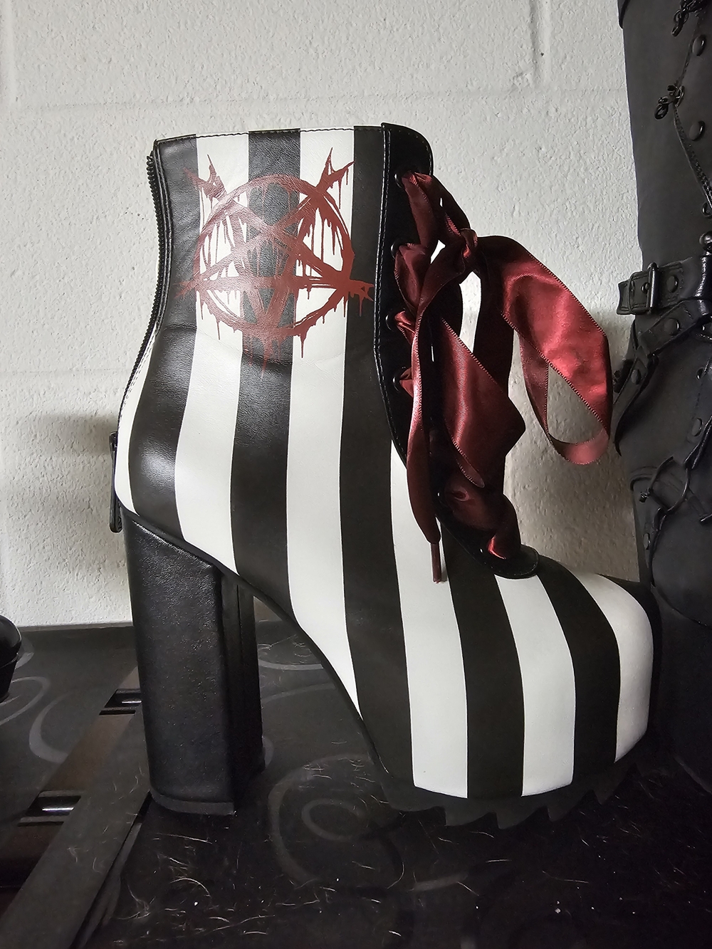 Killstar Black & White Striped Platform Ankle Boots with Red Satin Laces